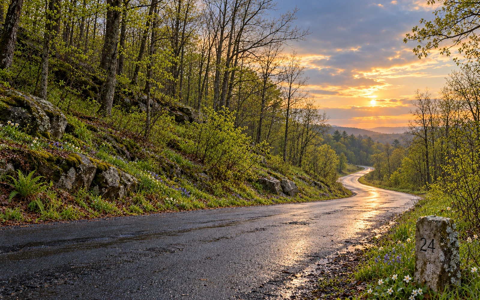 A forest road at sunset beside a stone mile marker numbered 24