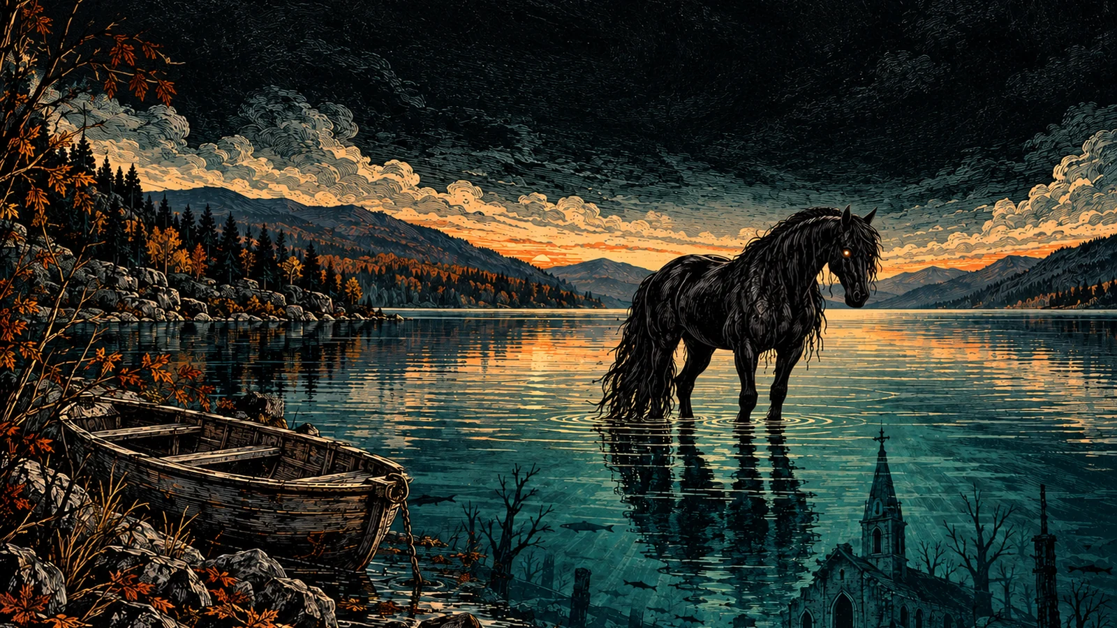 A black water horse stands in a mountain lake above a submerged church, from The Each-Uisge artwork