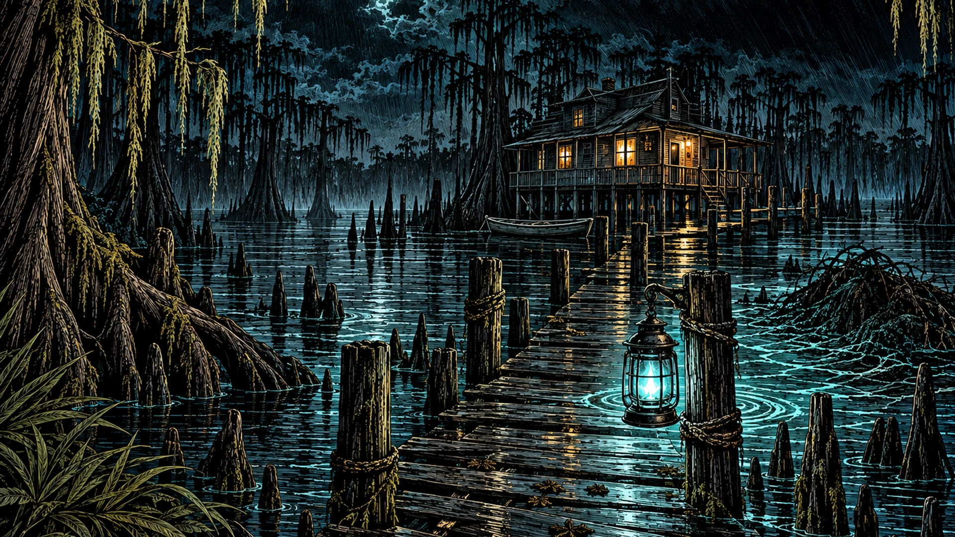 Lantern light among the dark trees of the swamp, from the current Seer Frights artwork